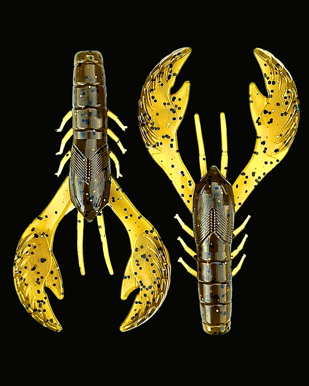 Two Okie Angler Co 4" Okie Craws in the color Green Pumpkin - crawfish-style bass fishing lures on a black background.