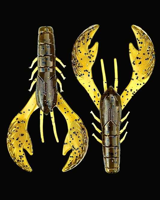 Two Okie Angler Co 4" Okie Craws in the color Green Pumpkin - crawfish-style bass fishing lures on a black background.