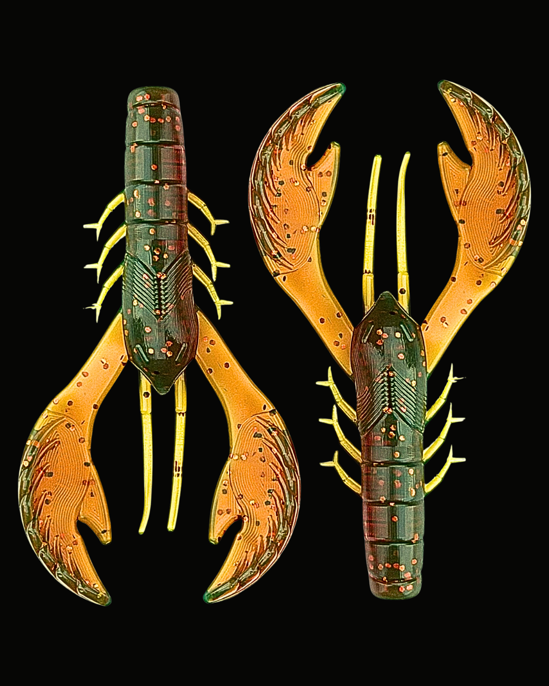 Two Okie Angler Co 4" Okie Craws in the color Motor Oil - crawfish-style bass fishing lures on a black background.