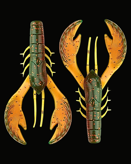 Two Okie Angler Co 4" Okie Craws in the color Motor Oil - crawfish-style bass fishing lures on a black background.