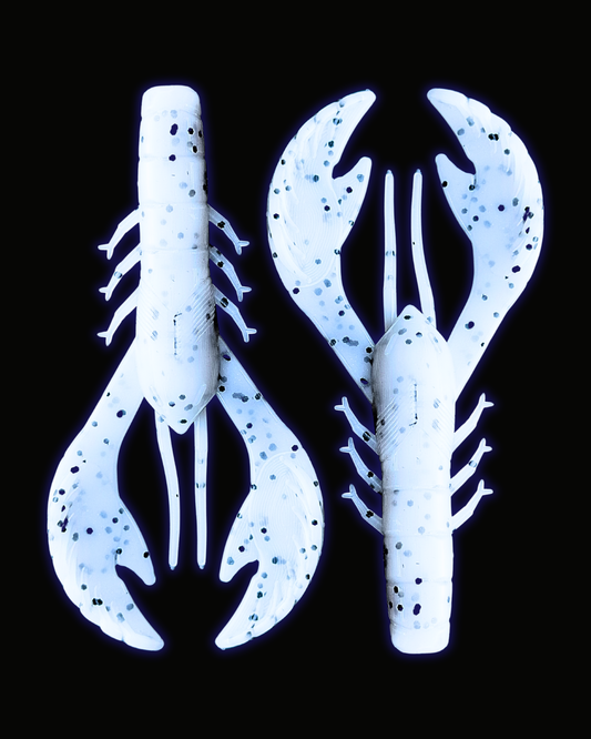 Two Okie Angler Co 4" Okie Craws in the color Salt and Pepper - crawfish-style bass fishing lures on a black background.