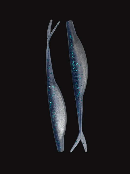 Okie Angler Co June Shad 5" jerk bait soft plastic fishing lures on a black background.