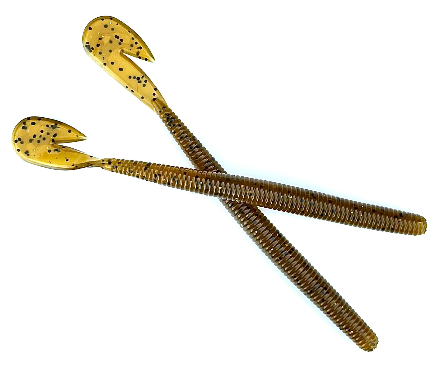 Two green pumpkin tail worm fishing lures on a white background.