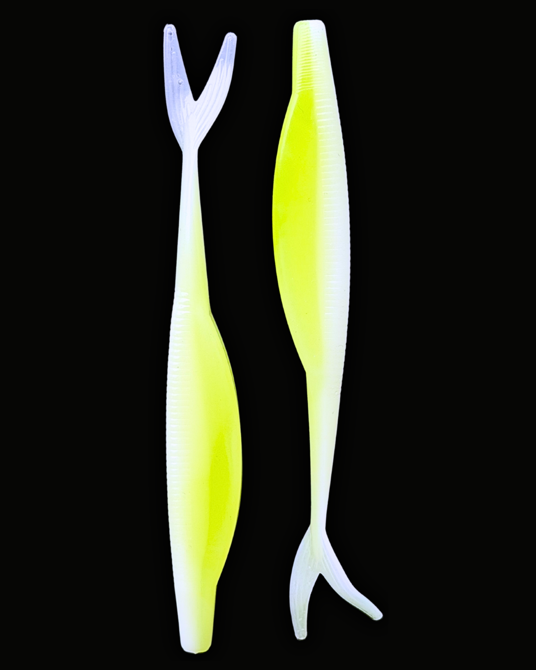Okie Angler Co Lime Ghost 5" jerk bait soft plastic fishing lures on a black background.