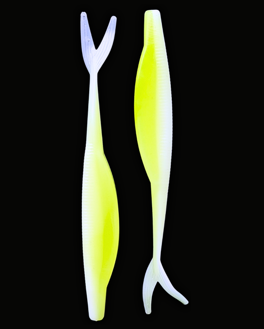 Okie Angler Co Lime Ghost 5" jerk bait soft plastic fishing lures on a black background.