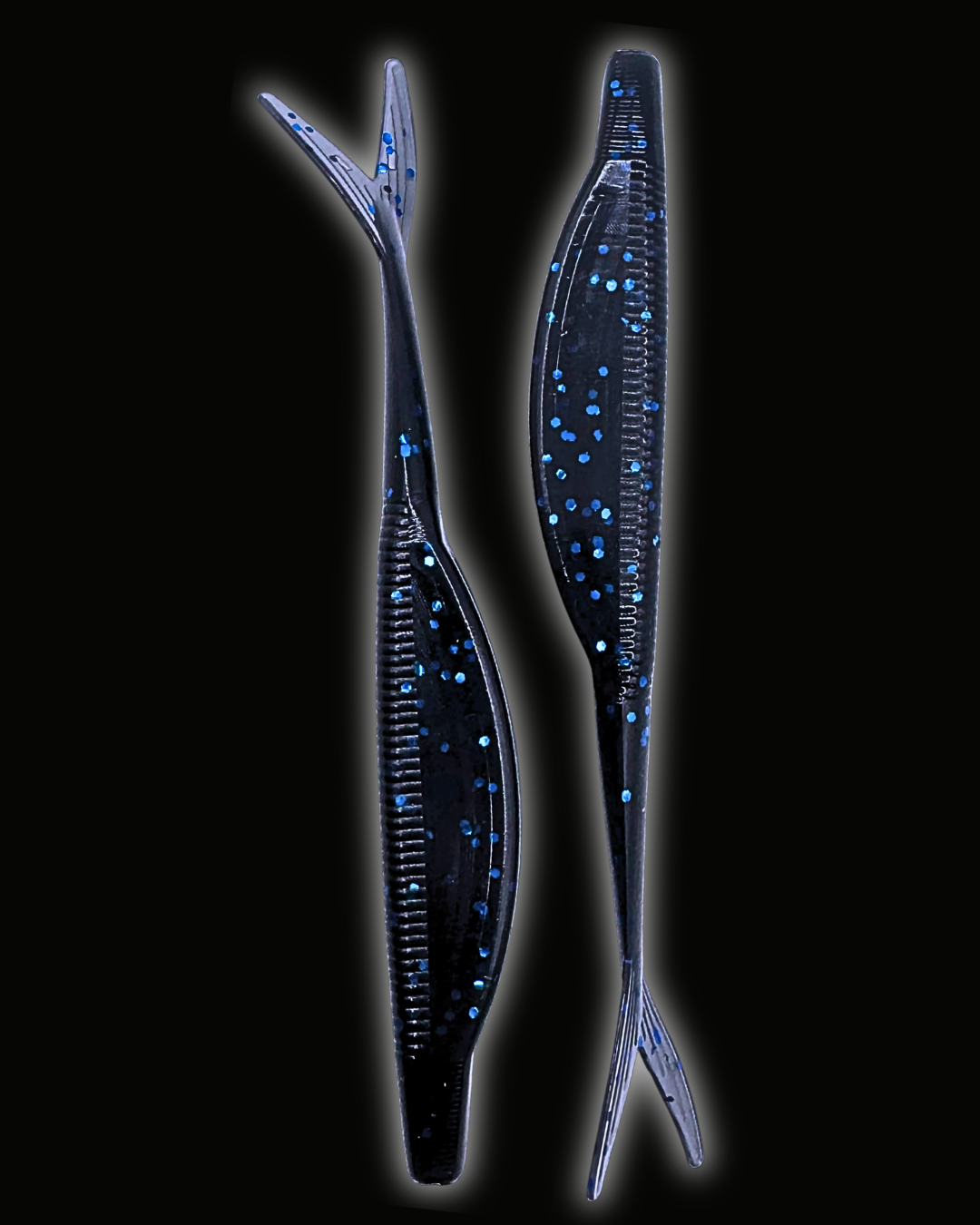 Okie Angler Co Okie Midnight 5" jerk bait soft plastic fishing lures on a black background.