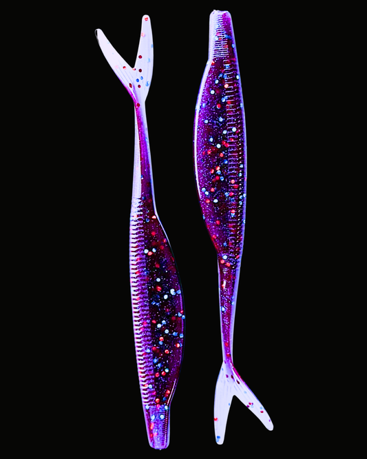 Okie Angler Co Okie Red 5" jerk bait soft plastic fishing lures on a black background.