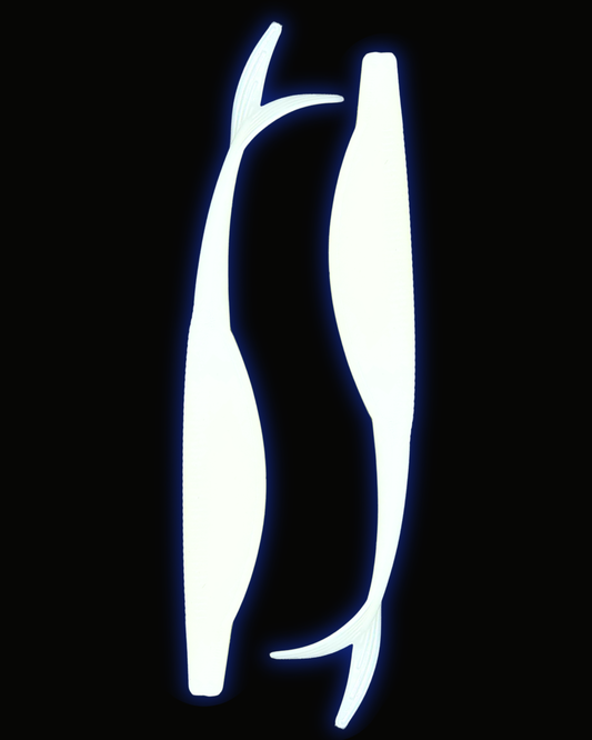 Okie Angler Co Pearl White 5" jerk bait soft plastic fishing lures on a black background.