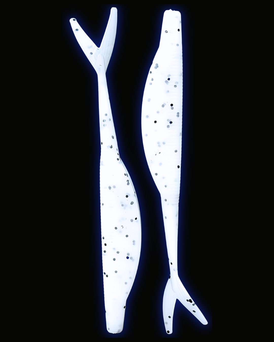 Okie Angler Co Salt and Pepper 5" jerk bait soft plastic fishing lures on a black background.