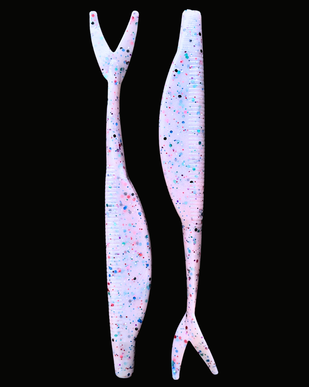 Okie Angler Co Smokey Rose 5" jerk bait soft plastic fishing lures on a black background.