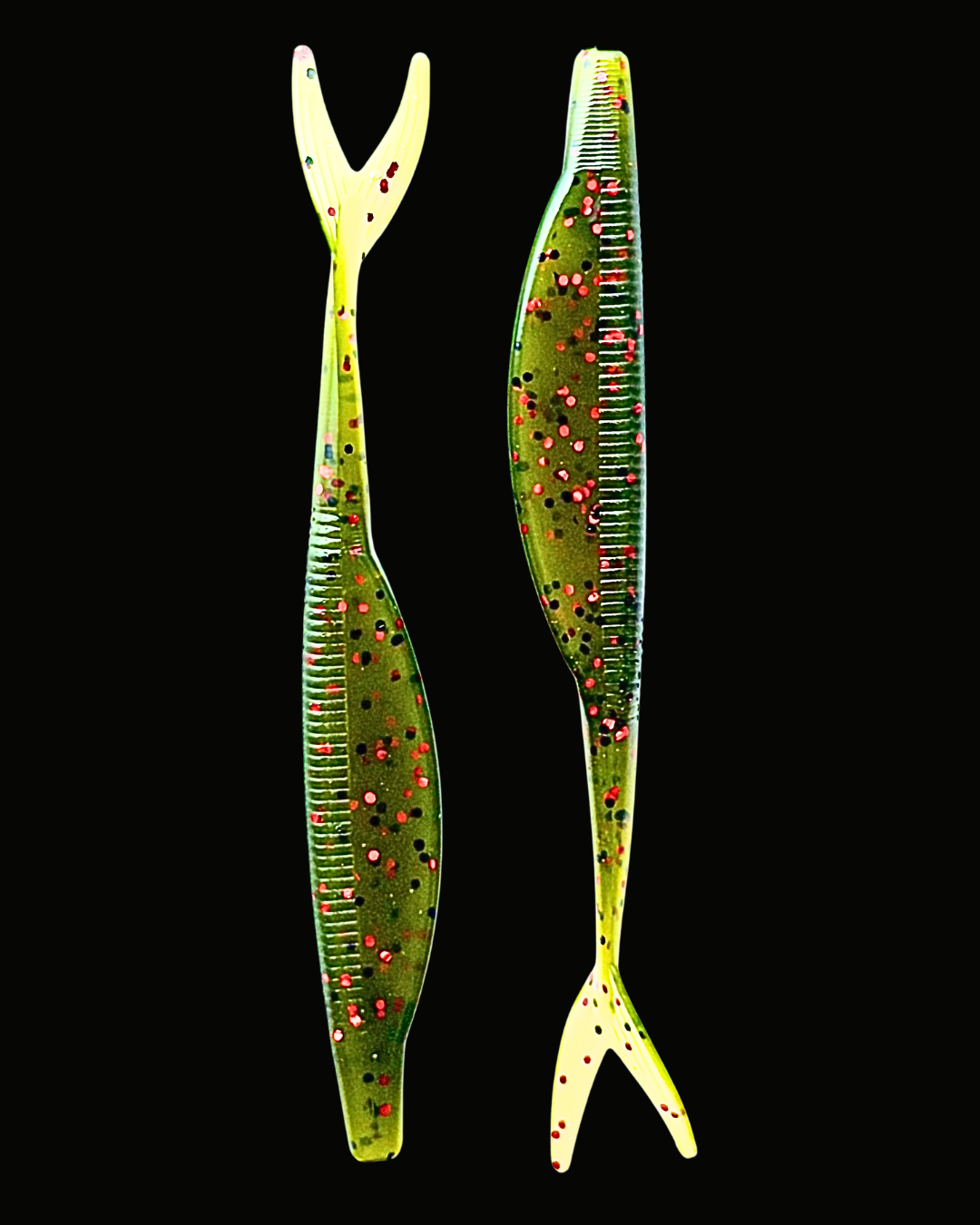 Okie Angler Co Watermelon Red 5" jerk bait soft plastic fishing lures on a black background.