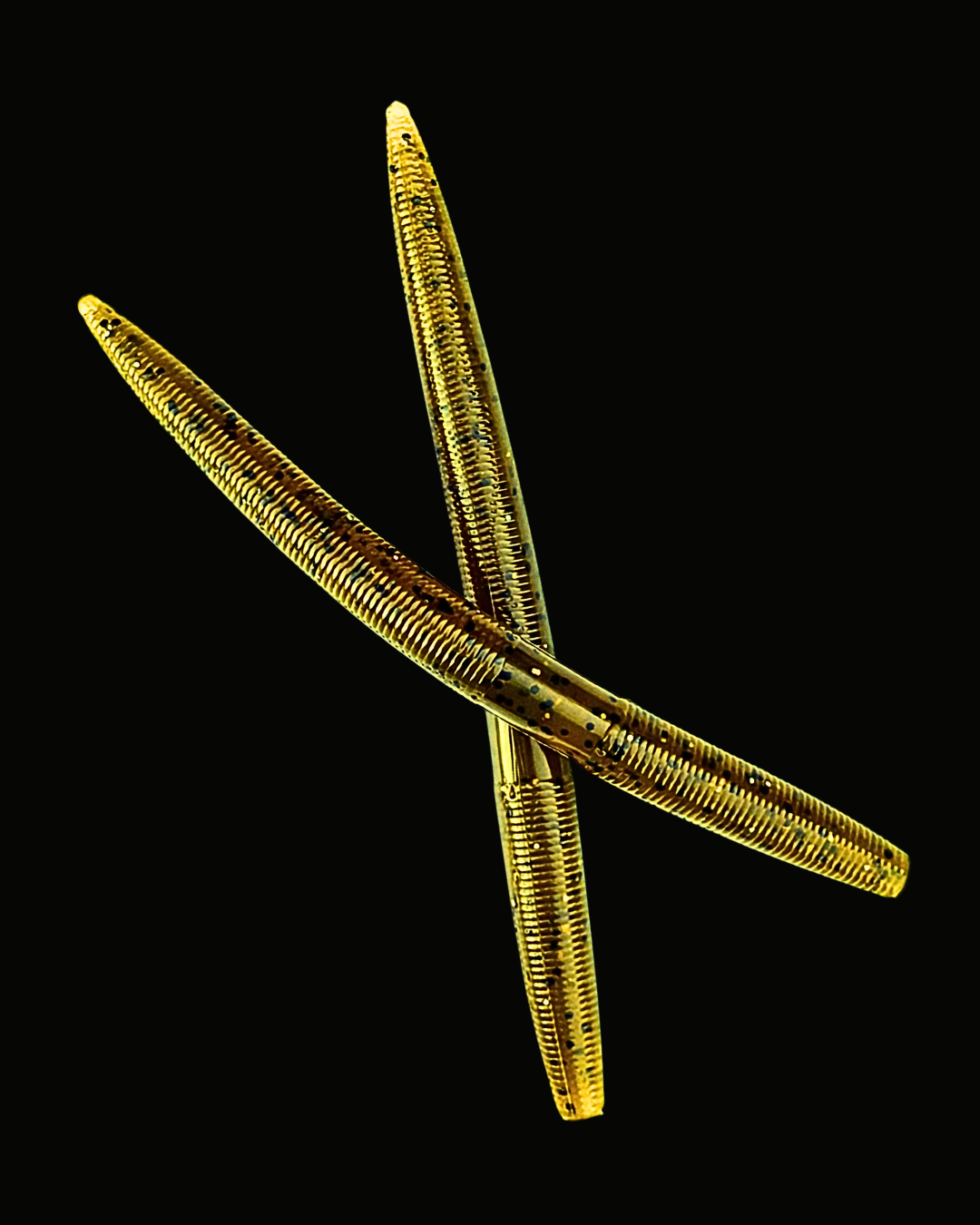 Okie Angler Co 5" Green Pumpkin Twister Stick Senko-style stick bait for bass fishing on a black background.