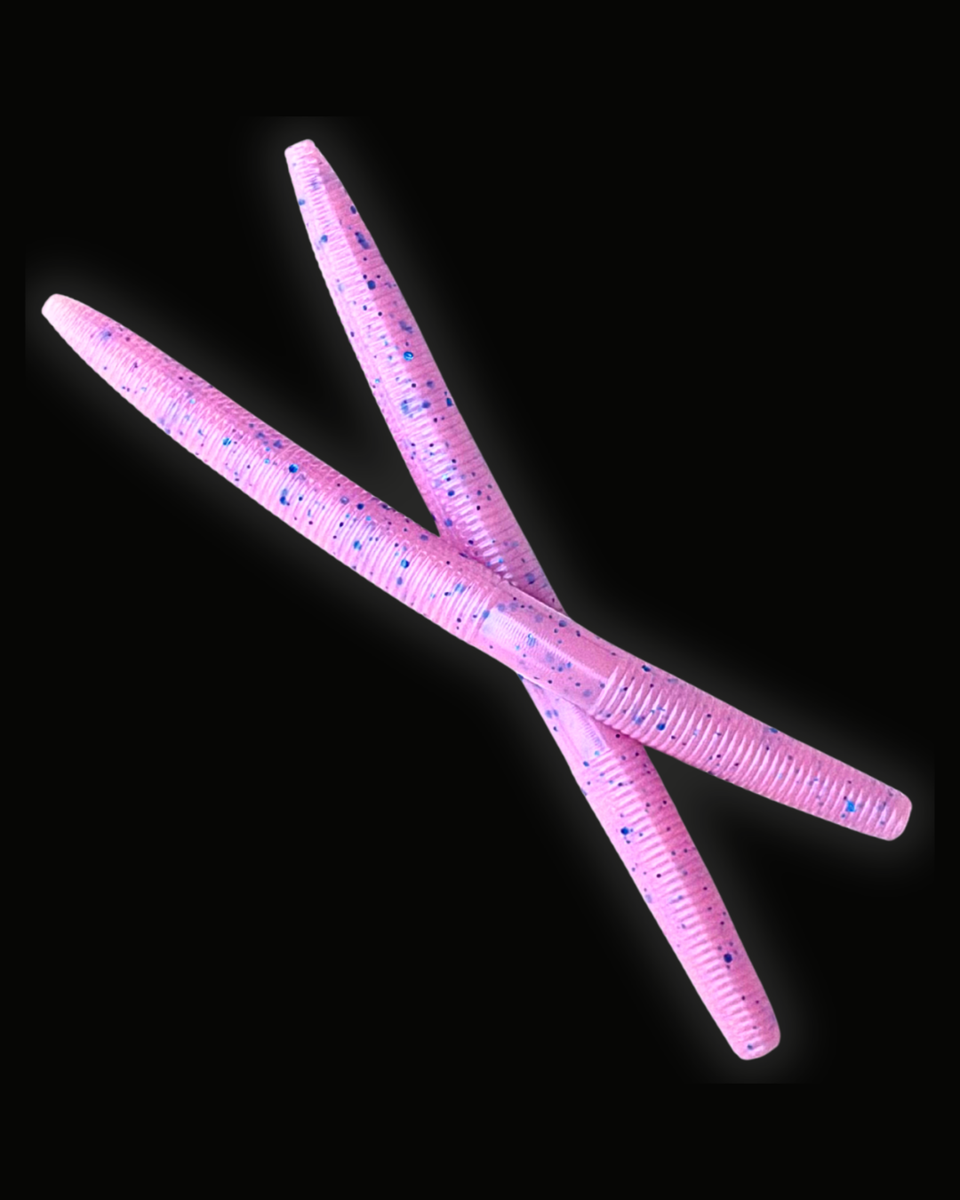 Okie Angler Co 5" Pink Berry Twister Stick Senko-style stick bait for bass fishing on a black background.