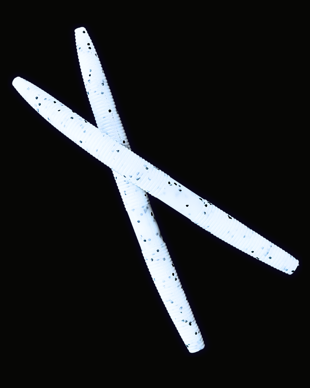 Okie Angler Co 5" Salt and Pepper Twister Stick Senko-style stick bait for bass fishing on a black background.