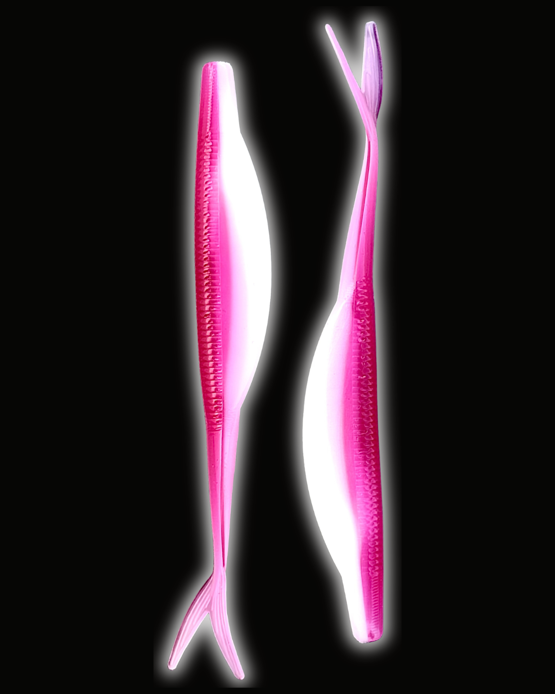 Okie Angler Co Pink Valentine 5" jerk bait soft plastic fishing lures on a black background.