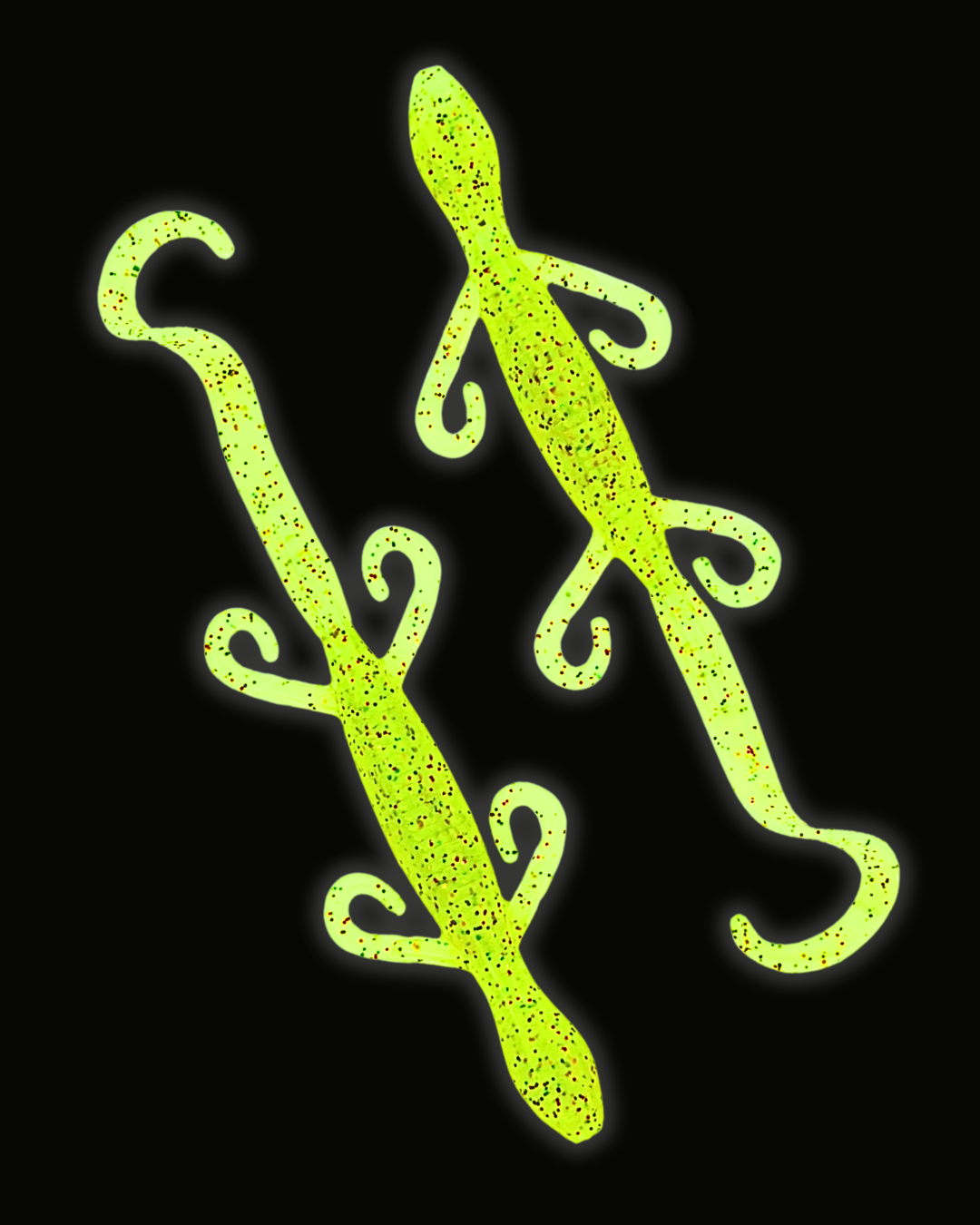 Two P.I.C. 6.2-inch Prairie Dragon soft plastic lizard baits in bright yellow-green with dark flecks and curled tails.
