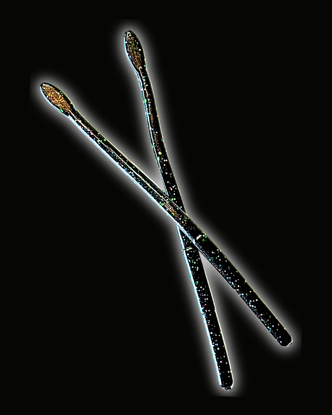 Okie Angler Co Space Candy 6" Drop Shot Worm bot style bass fishing baits on a black background.