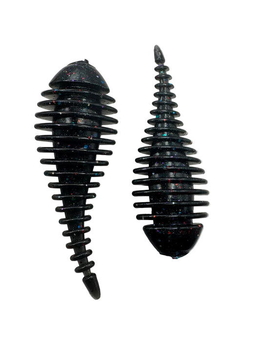 Two black fossilized trilobites on a white background