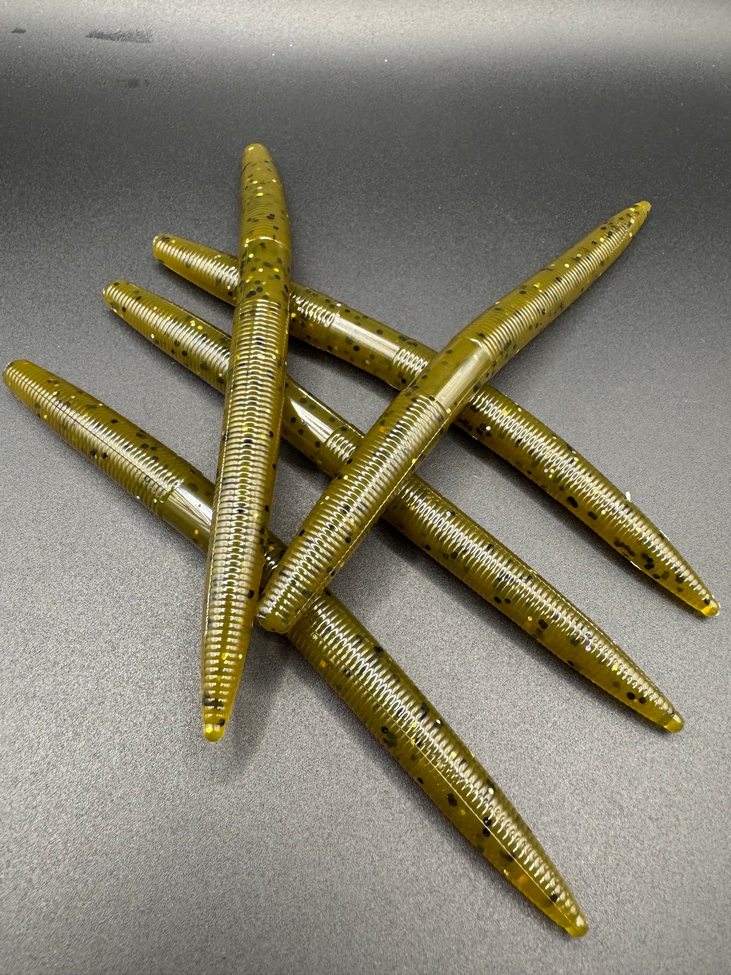 Okie Angler co Green Pumpkin twister stick senko style bait soft plastic lure for Bass fishing.