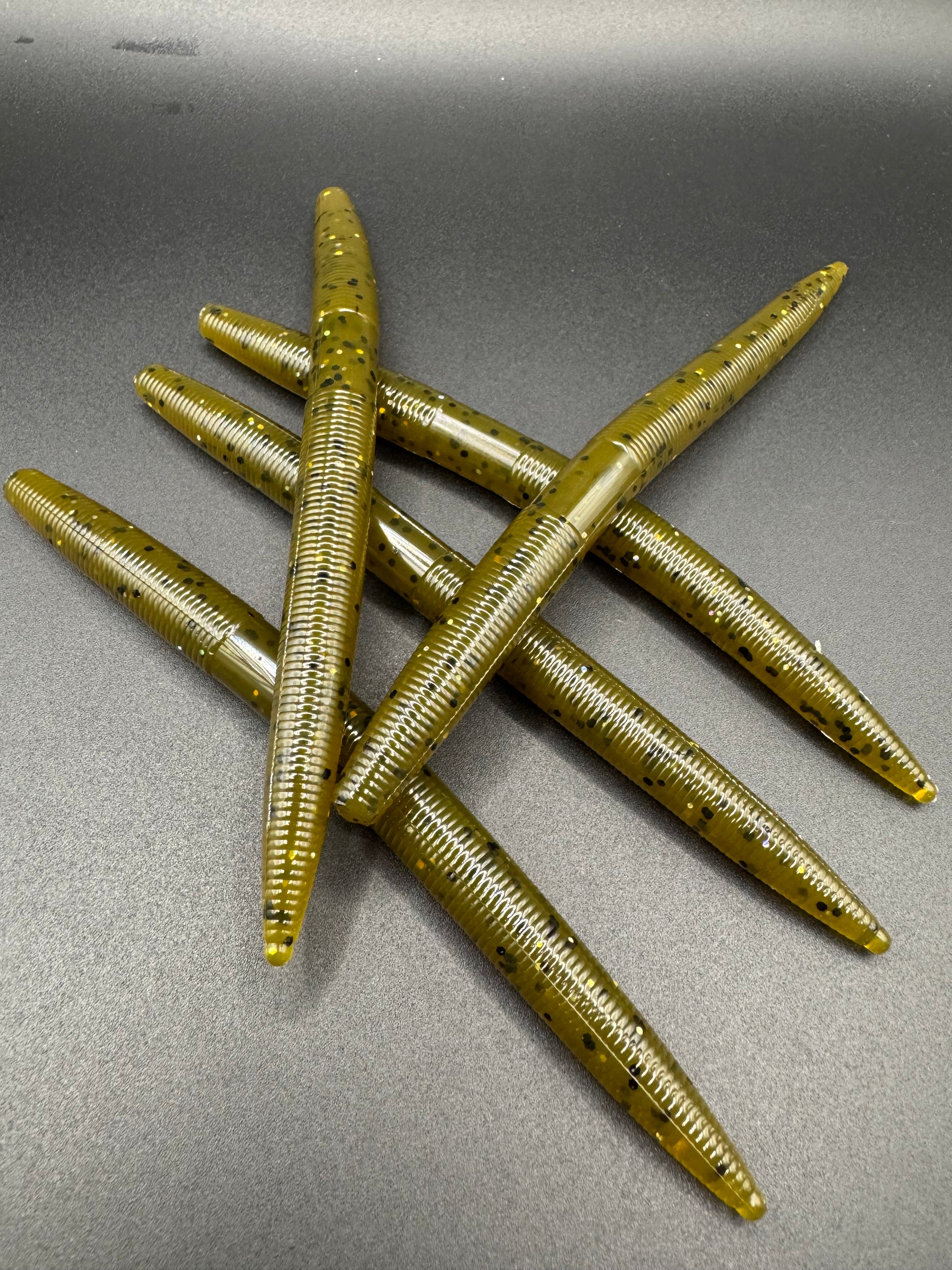 Okie Angler co Green Pumpkin twister stick senko style bait soft plastic lure for Bass fishing.