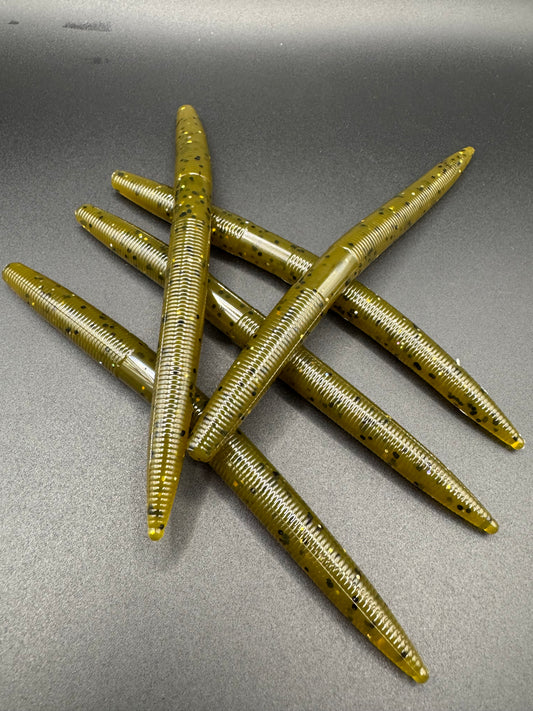 Okie Angler co Green Pumpkin twister stick senko style bait soft plastic lure for Bass fishing.