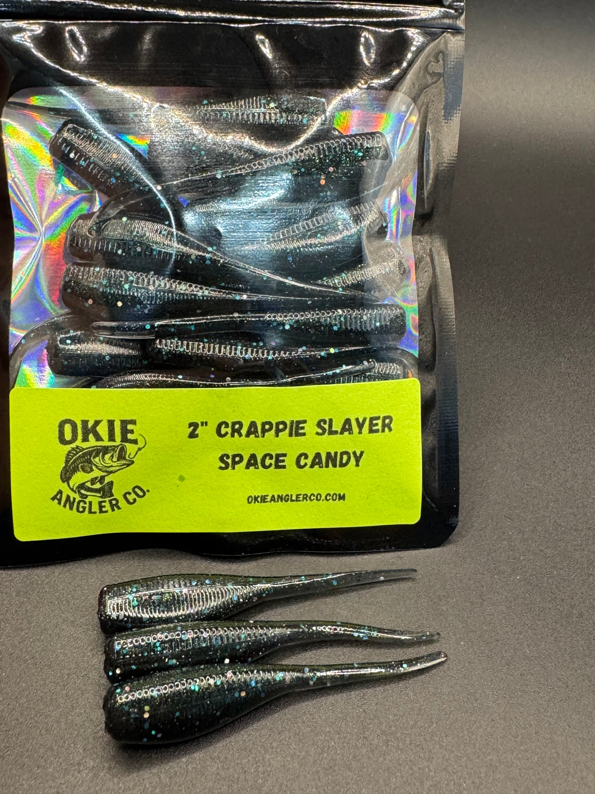 Okie Angler co Space Candy 2 inch crappie Slayer  bait soft plastic lure for crappie fishing.