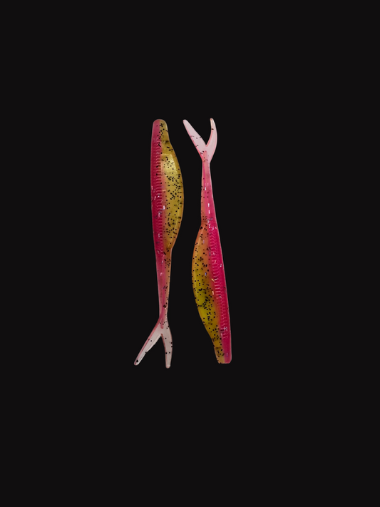 Two fishing lures with pink and yellow patterns on a white background