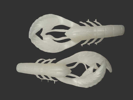 Two Okie Angler Co 4" Okie Craws in the color Pearl White - crawfish-style bass fishing lures on a black background.