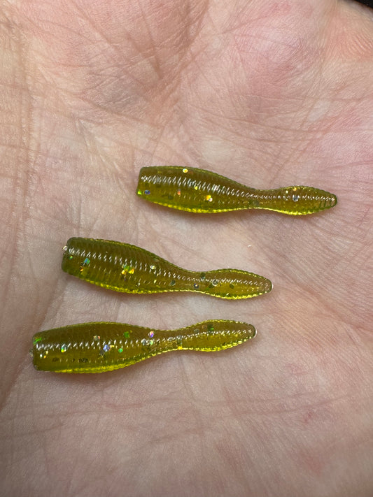 Okie Angler Co Old Money 1" Crappie Leech soft plastic lure for pan fishing.