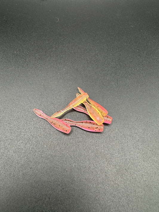 Okie Angler co Pink Lemonade 1 inch crappie leech bait soft plastic lure for pan fishing.