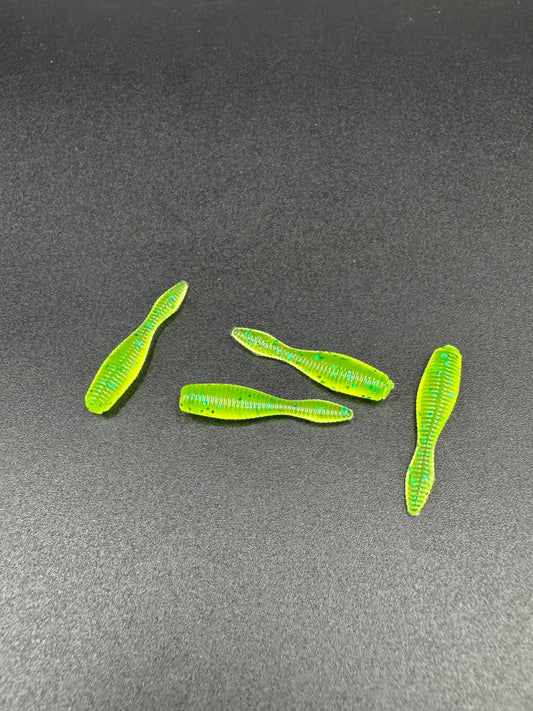 Okie Angler Co Toxic Waste 1-inch leech crappie bait soft plastic lure for pan fishing.