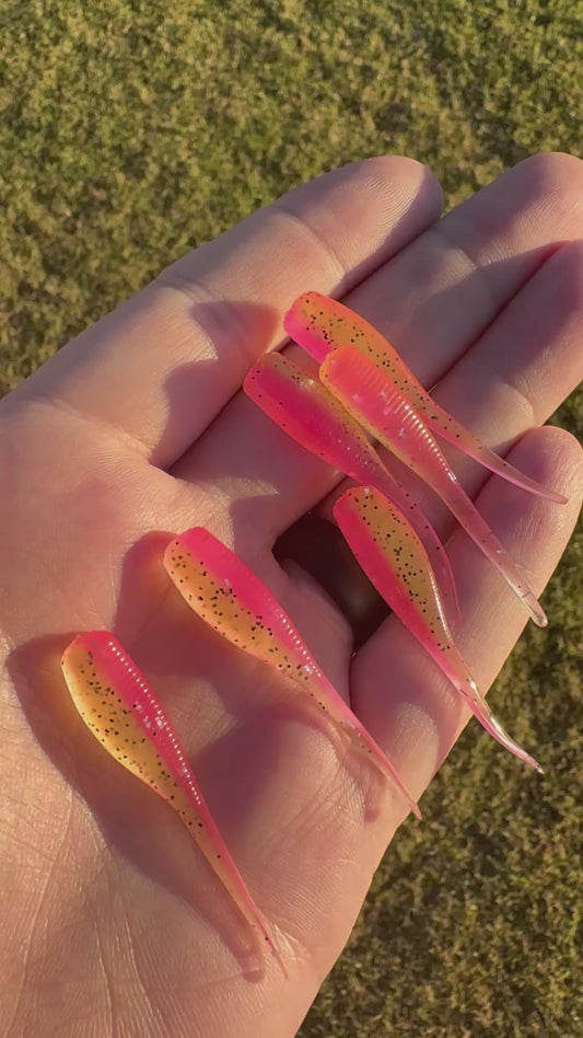 Okie Angler Co Pink Lemonade 2-inch Crappie Slayer soft plastic bait for crappie fishing.
